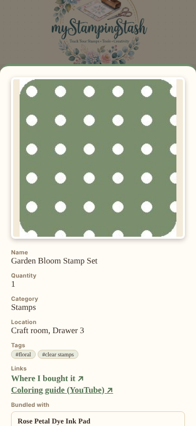 Item detail screen showing labeled links and a bundled stamp set and ink pad