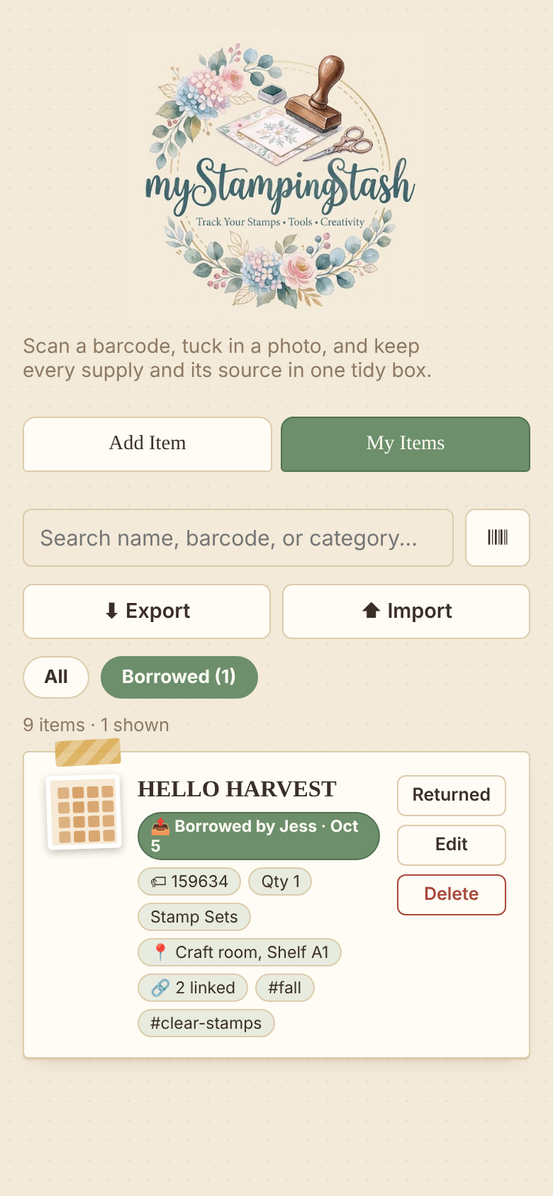 List filtered to show a borrowed stamp set, flagged as borrowed by Jess with a Returned button