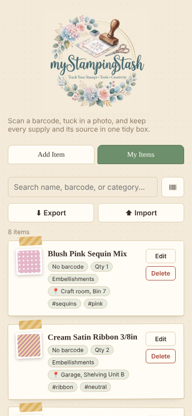 My Stamping Stash app showing a searchable list of craft supplies with photos, tags, and shelf locations